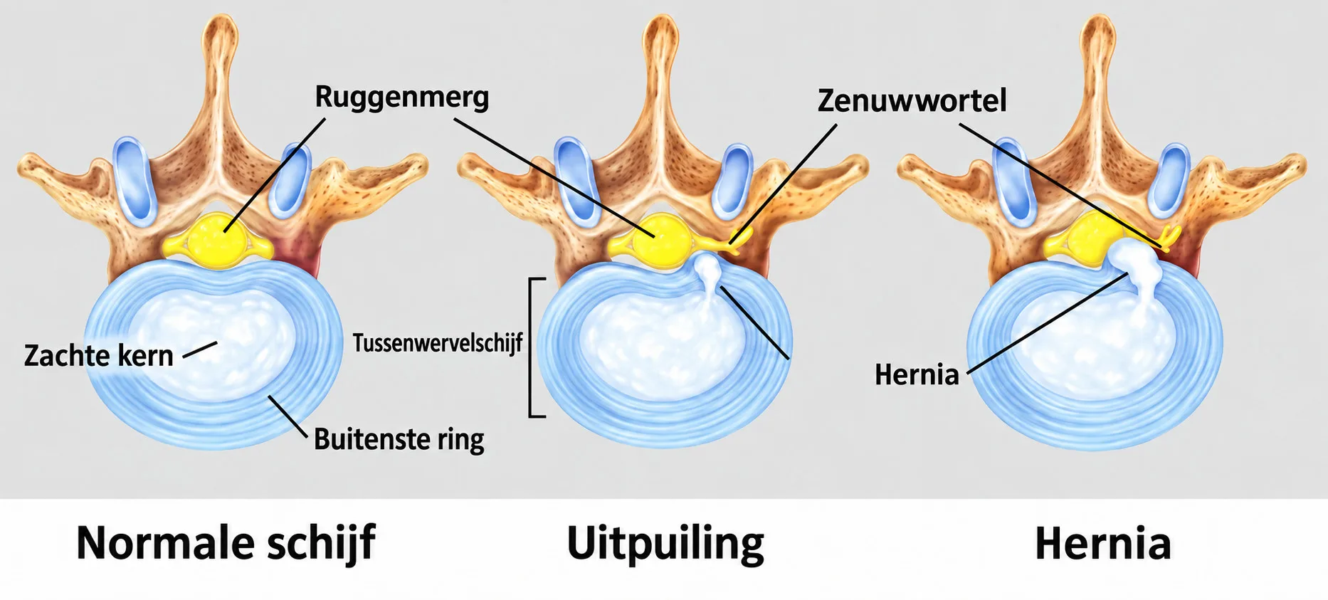 Schematische afbeelding van een rughernia die een zenuwwortel in de lage rug prikkelt